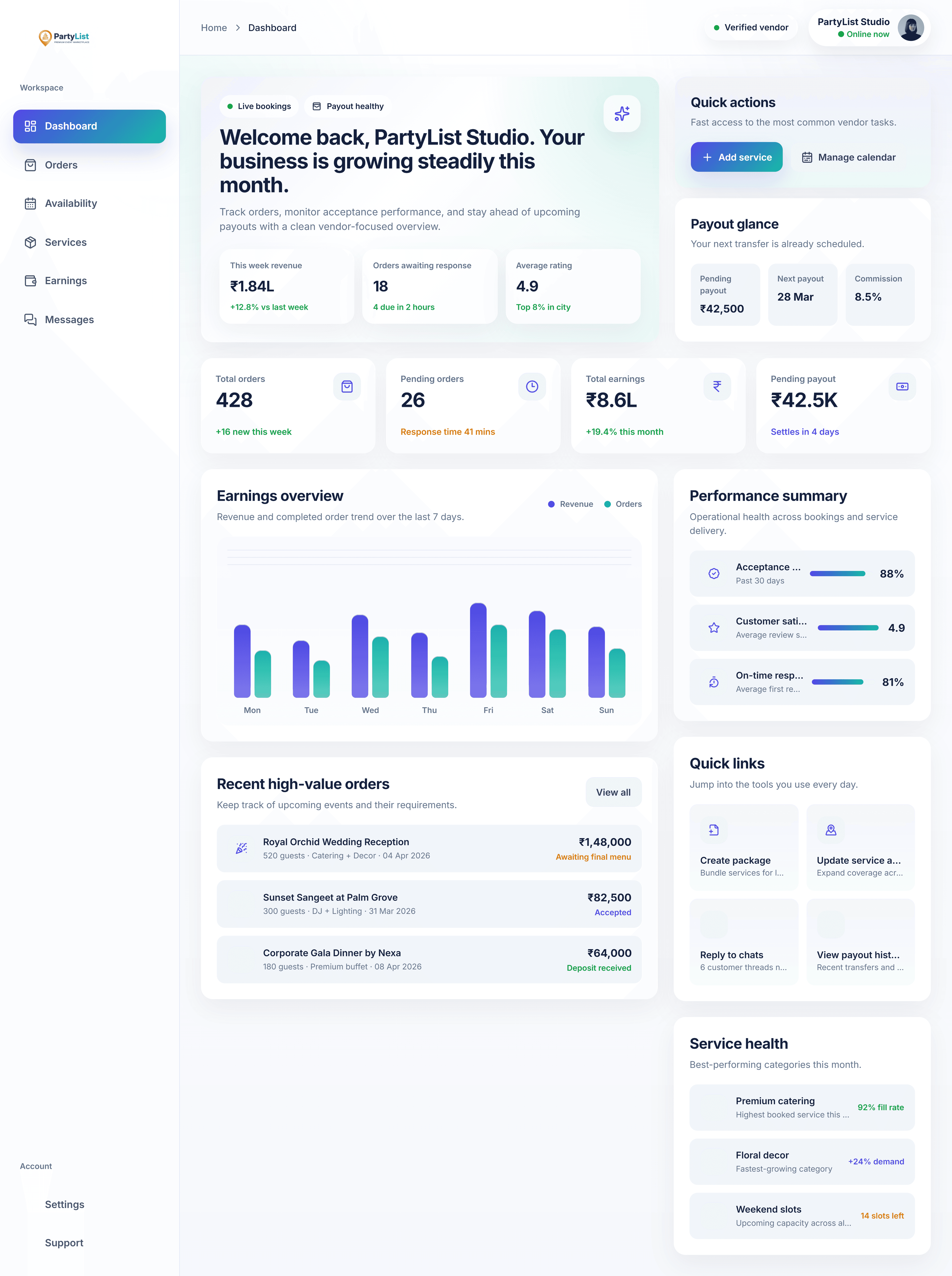Partylist vendor dashboard